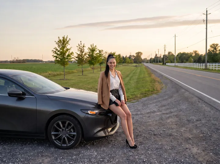 Woman sitting on a car hood at golden hour