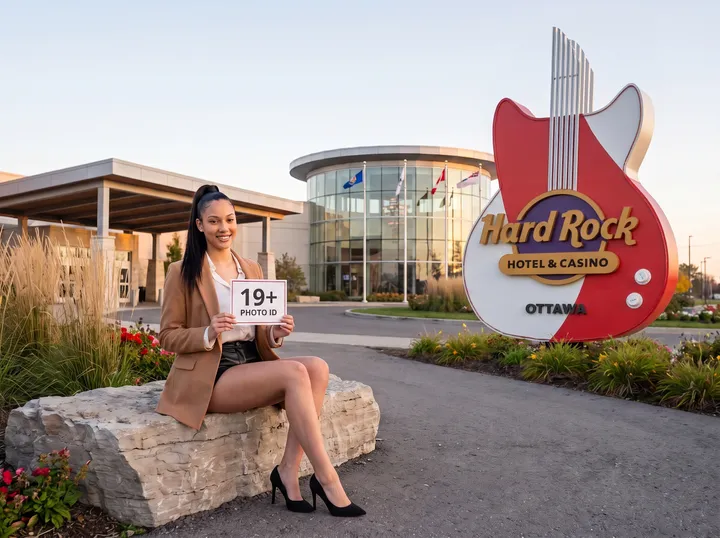 Woman with a 19+ card by the Hard Rock guitar