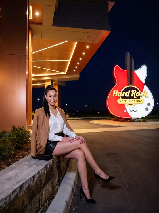 Woman by the Hard Rock Ottawa entrance at night