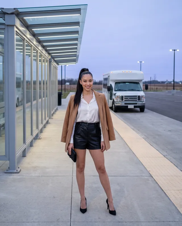 Woman on a transit platform, shuttle bus at the curb